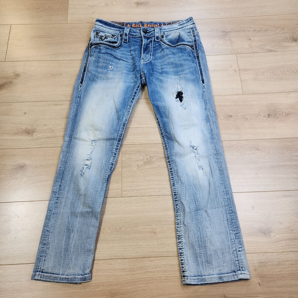 Rock Revival Florian J Straight Jeans Mens 33x30 Blue Light Distressed Denim